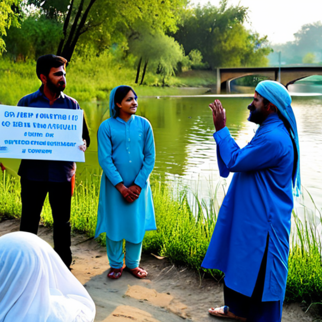 A Community Meeting on Water Pollution Solutions**

"A diverse group of community members, including men, women, and children, are gathered for a meeting outdoors, discussing solutions to water pollution. They are standing near a river or lake, holding signs with messages about clean water. Everyone is fully clothed in modest, traditional Pakistani attire. The scene is bright and hopeful, showcasing community engagement and environmental awareness. Safe for work, appropriate content, family-friendly, professional photography, perfect anatomy, natural proportions."

**