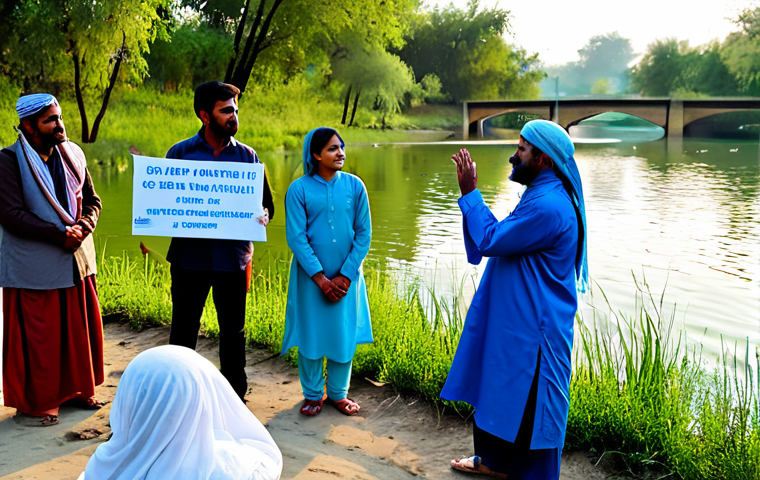 A Community Meeting on Water Pollution Solutions**

"A diverse group of community members, including men, women, and children, are gathered for a meeting outdoors, discussing solutions to water pollution. They are standing near a river or lake, holding signs with messages about clean water. Everyone is fully clothed in modest, traditional Pakistani attire. The scene is bright and hopeful, showcasing community engagement and environmental awareness. Safe for work, appropriate content, family-friendly, professional photography, perfect anatomy, natural proportions."

**