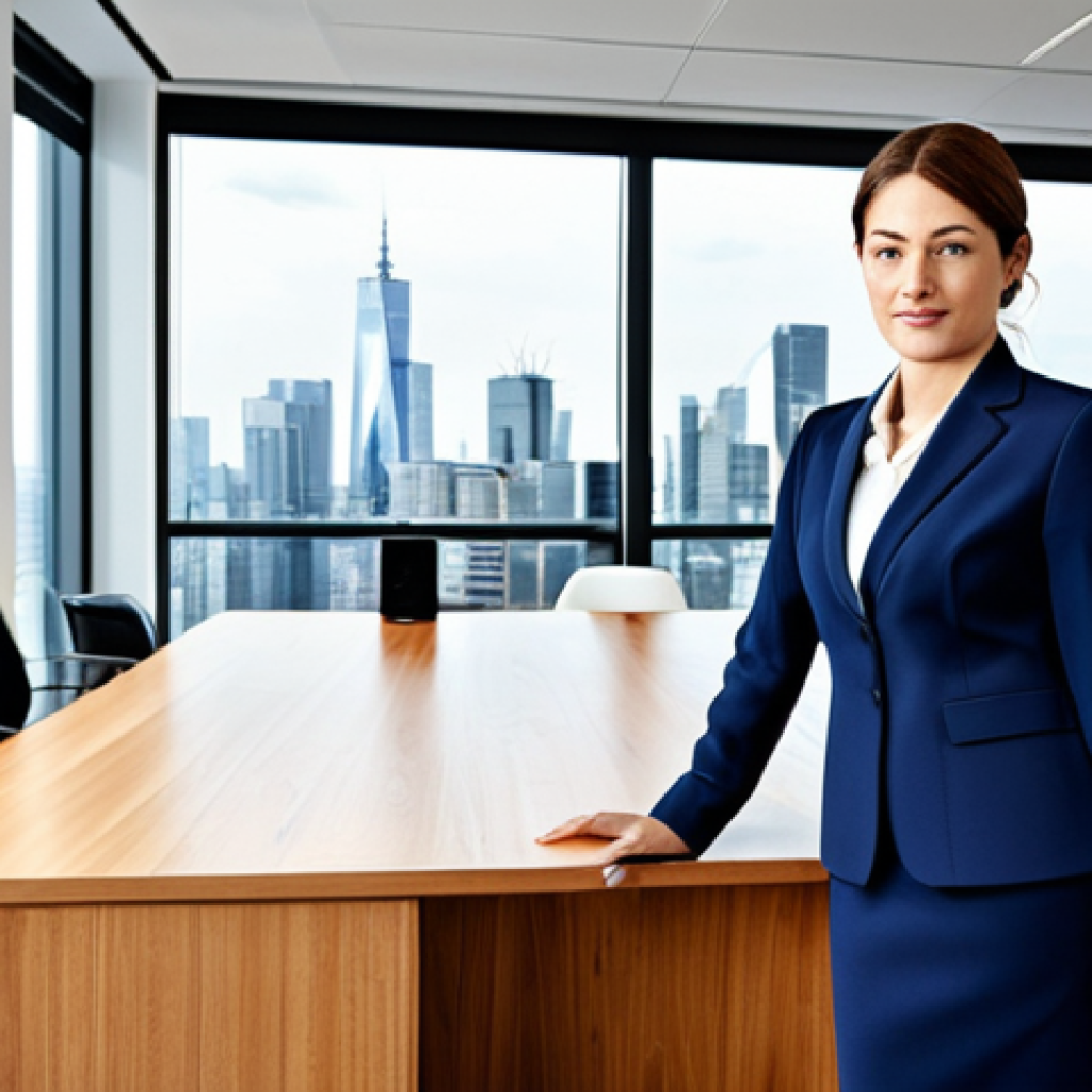 Businesswoman in Office**

"A professional businesswoman in a modest navy blue business suit, sitting at a large wooden desk in a bright, modern office with large windows overlooking a city skyline, fully clothed, appropriate attire, safe for work, perfect anatomy, natural proportions, professional photography, high quality, family-friendly."

**