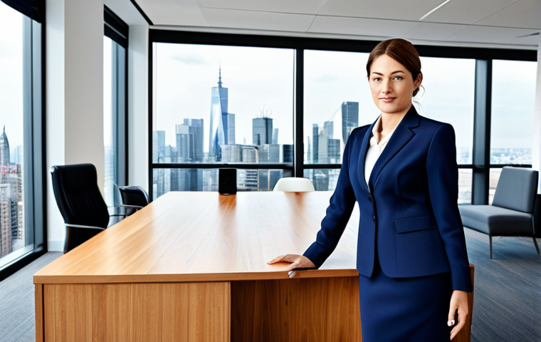 Businesswoman in Office**

"A professional businesswoman in a modest navy blue business suit, sitting at a large wooden desk in a bright, modern office with large windows overlooking a city skyline, fully clothed, appropriate attire, safe for work, perfect anatomy, natural proportions, professional photography, high quality, family-friendly."

**