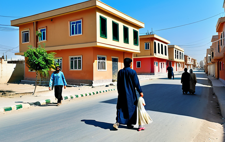 "A family-friendly scene depicting a clean and tidy neighborhood street in Pakistan, showcasing children playing safely, with colorful houses in the background, fully clothed residents maintaining the area, clear blue skies, safe for work, appropriate content, professional photography, perfect anatomy, natural proportions, modest clothing."