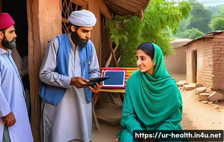 보건학과 지속 가능한 건강 시스템 - A rural healthcare scene in Pakistan showcasing a female community health worker wearing traditional...