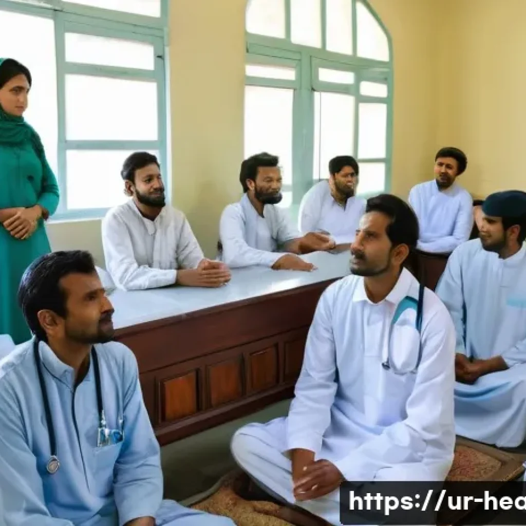 보건학과 결핵 연구 - A detailed medical clinic scene in Pakistan showing a diverse group of adult patients, including men...