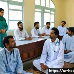 보건학과 결핵 연구 - A detailed medical clinic scene in Pakistan showing a diverse group of adult patients, including men...