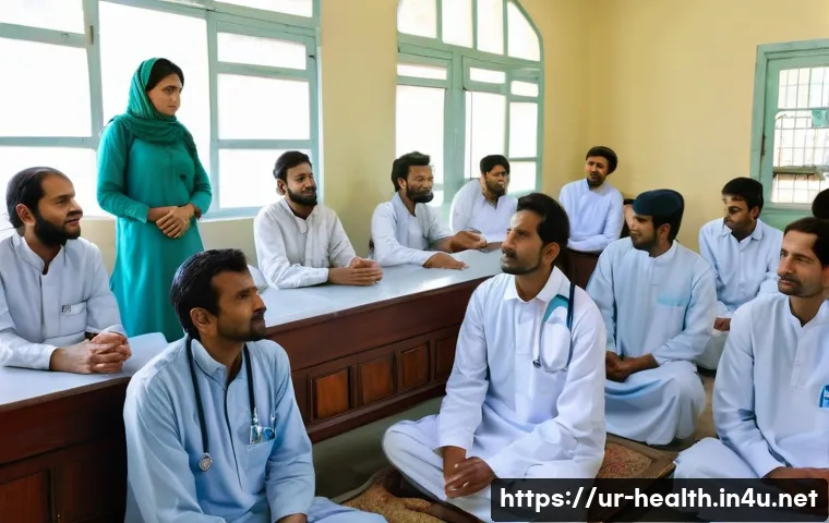 보건학과 결핵 연구 - A detailed medical clinic scene in Pakistan showing a diverse group of adult patients, including men...