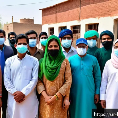 Home 29 보건 정책 분석 방법 - A detailed scene of a rural health vaccination campaign in Pakistan, showing a diverse group of peop...
