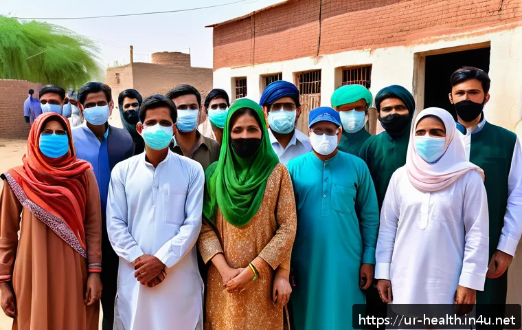 보건 정책 분석 방법 - A detailed scene of a rural health vaccination campaign in Pakistan, showing a diverse group of peop...