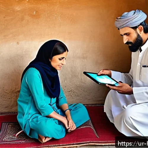 Home 27 보건학과 건강 정책 제정 - A modern telemedicine scene in a rural Pakistani village: a middle-aged female doctor wearing profes...