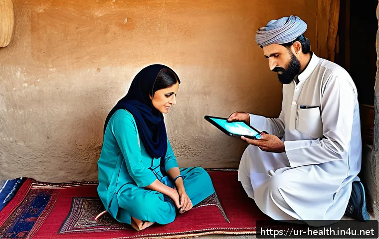 보건학과 건강 정책 제정 - A modern telemedicine scene in a rural Pakistani village: a middle-aged female doctor wearing profes...