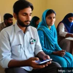 Home 20 보건학 사례 연구 - An indoor digital health data collection session in a rural health center in Pakistan, where a femal...
