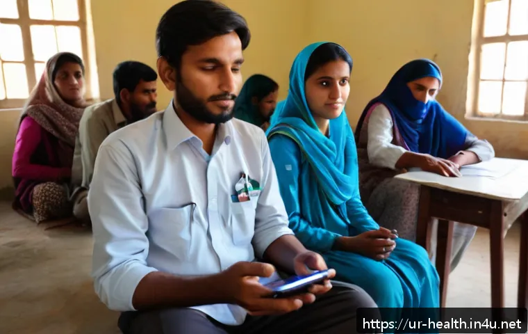 보건학 사례 연구 - An indoor digital health data collection session in a rural health center in Pakistan, where a femal...